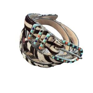 LEATHEROCK Calf-Hair Leather Animal‎ Print Belt USA Size Medium Beaded BOHO EUC